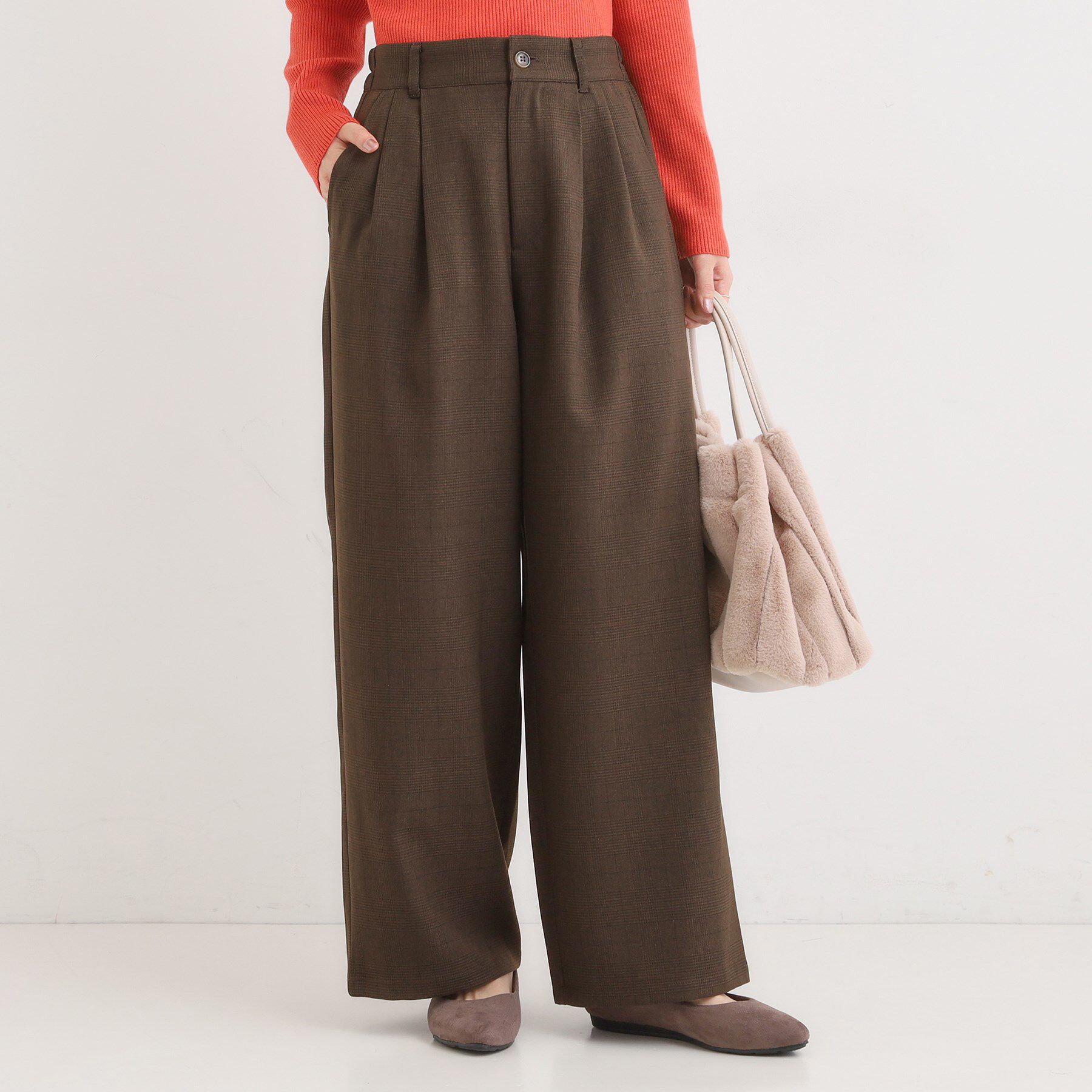 SHOO･LA･RUE「【セットアップ可】チェック柄タックワイドパンツ」|その他|ブラウン(243)