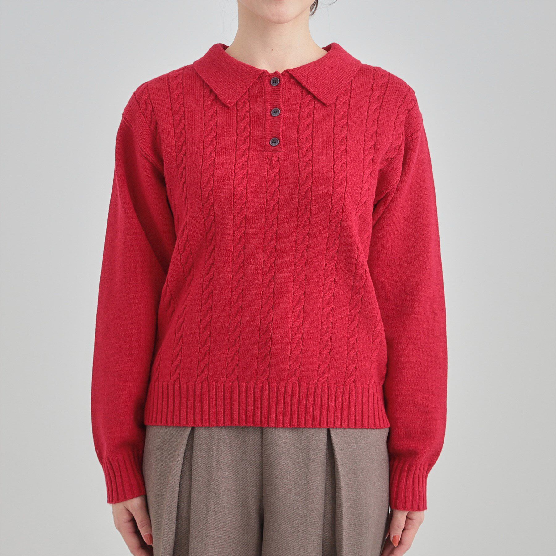 SHOO･LA･RUE「【S-LL】配色ボタンがポイント 襟付きケーブルニット」|ニット・セーター|