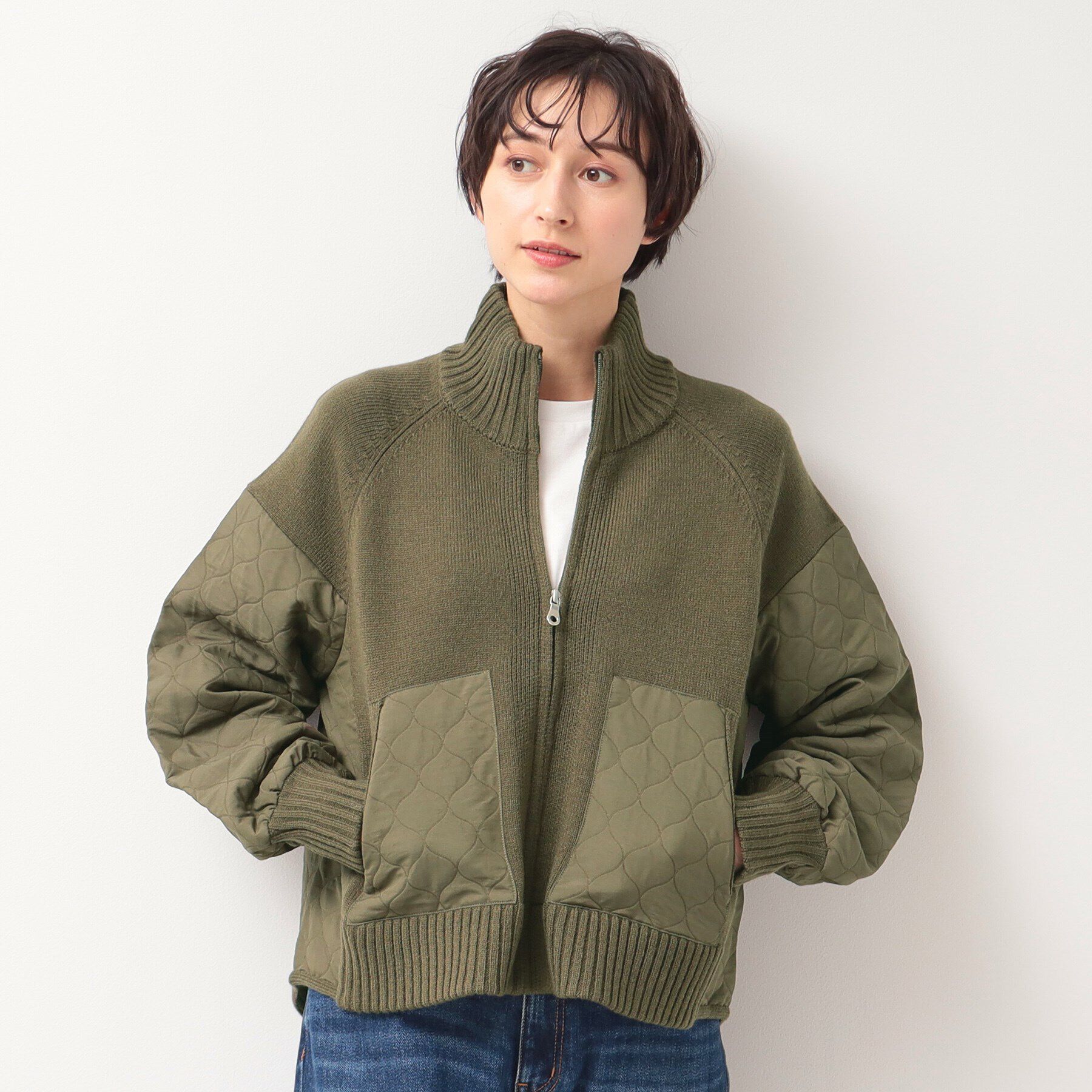 Dessin「【洗える】キルト付きジップアップカーディガン」|ブルゾン・スタジャン|カーキ(027)