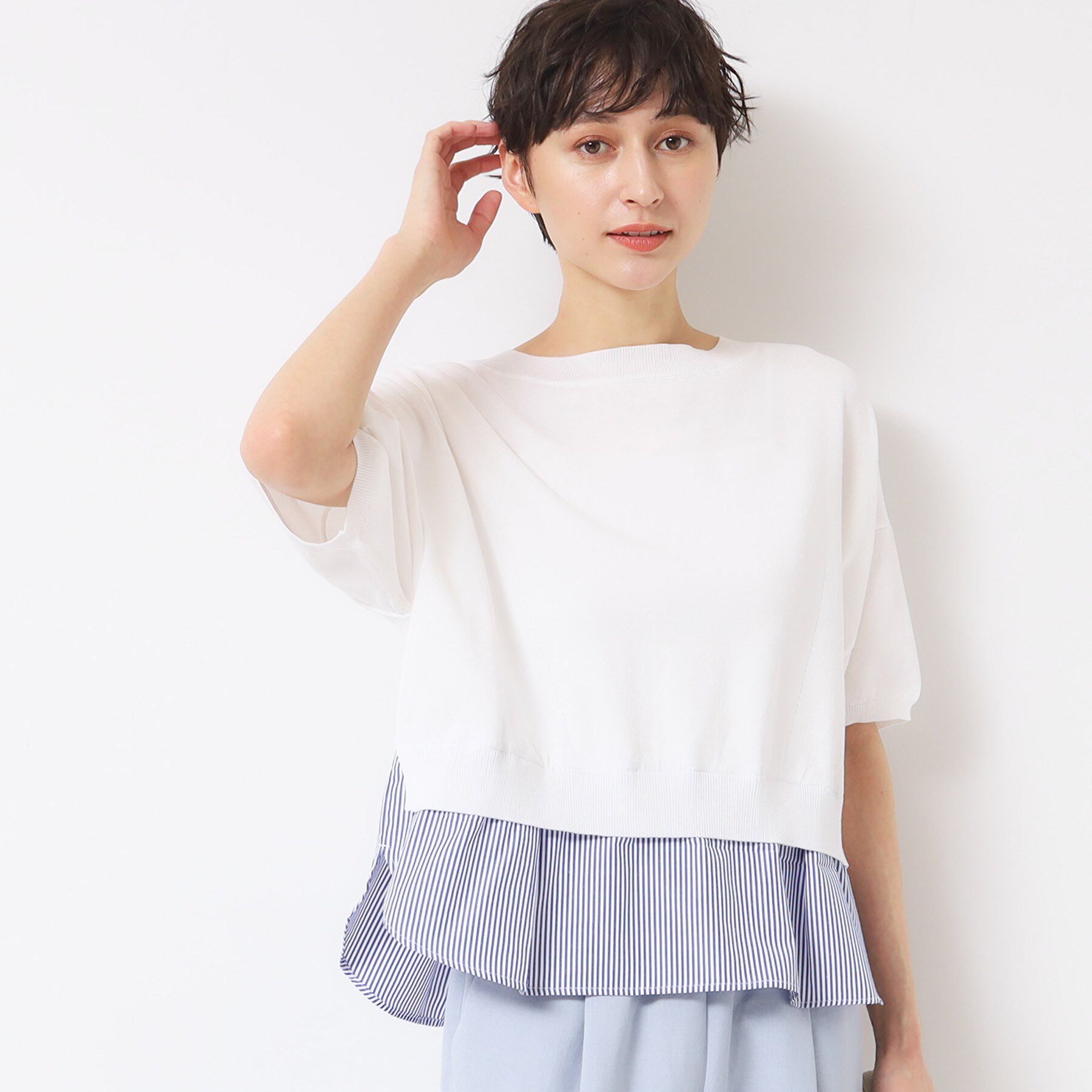 Dessin「【洗える】シャツレイヤード風五分袖ニット」|ニット・セーター|