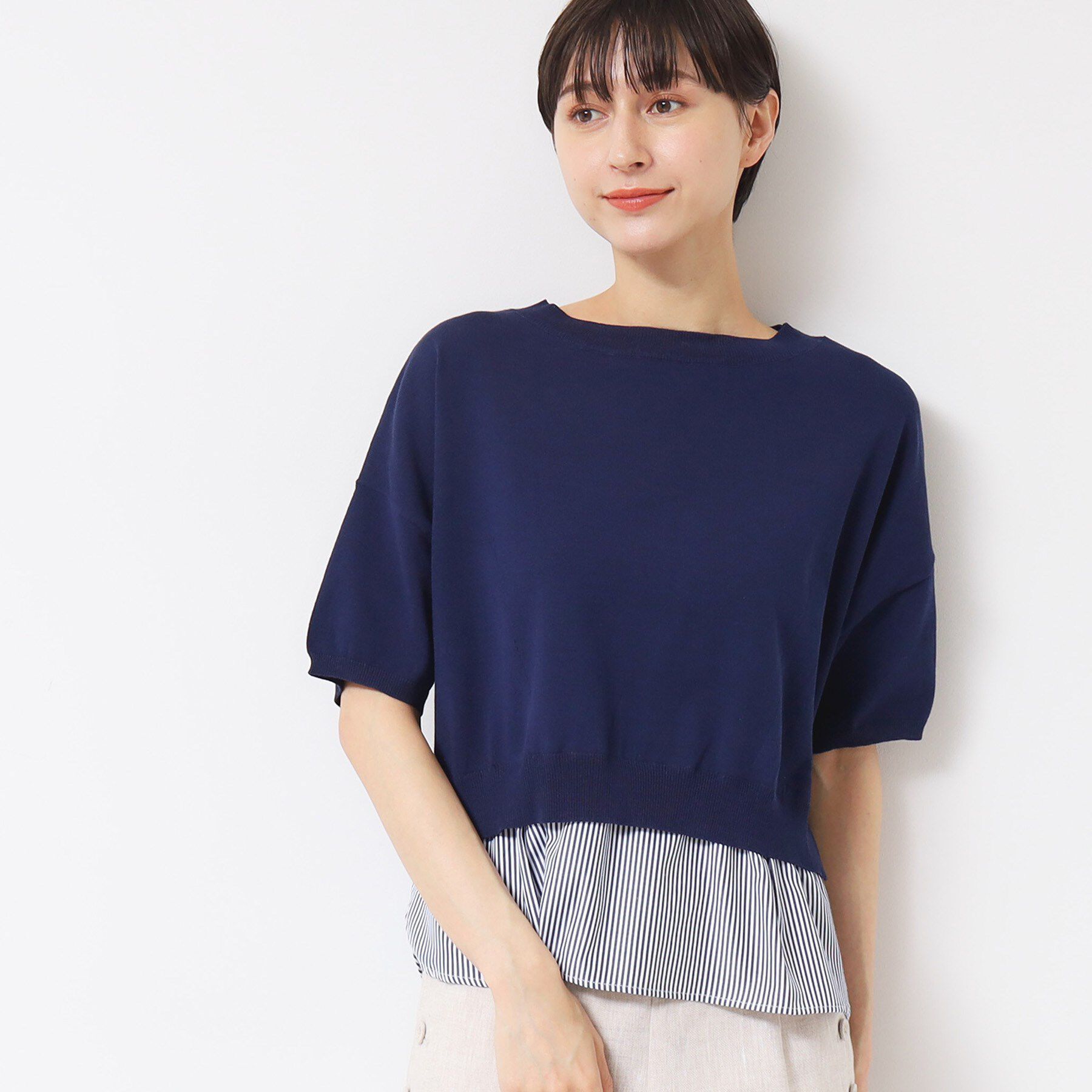 Dessin「【洗える】シャツレイヤード風五分袖ニット」|ニット・セーター|