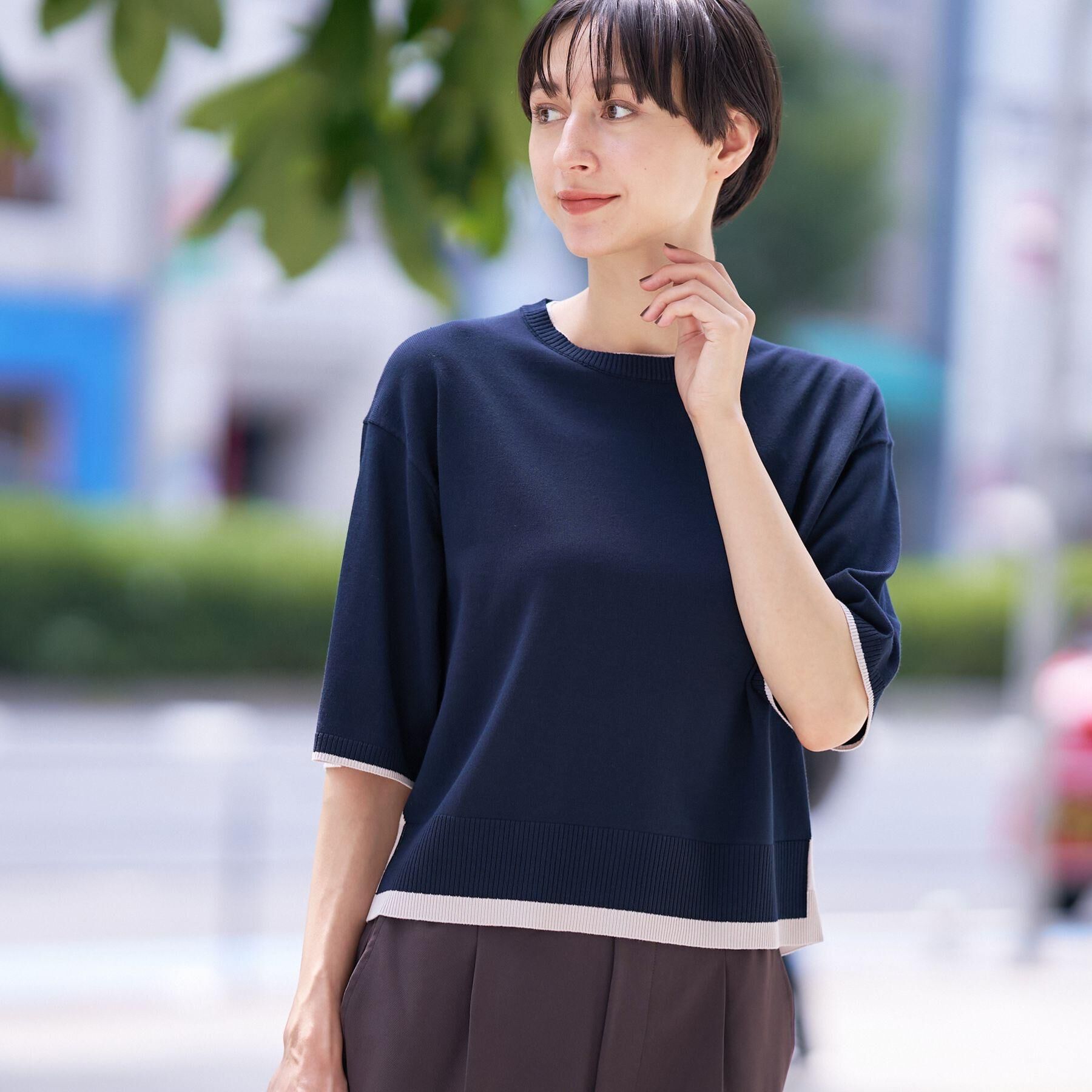 Dessin「【洗える】バイカラーショート丈ニット」|ニット・セーター|