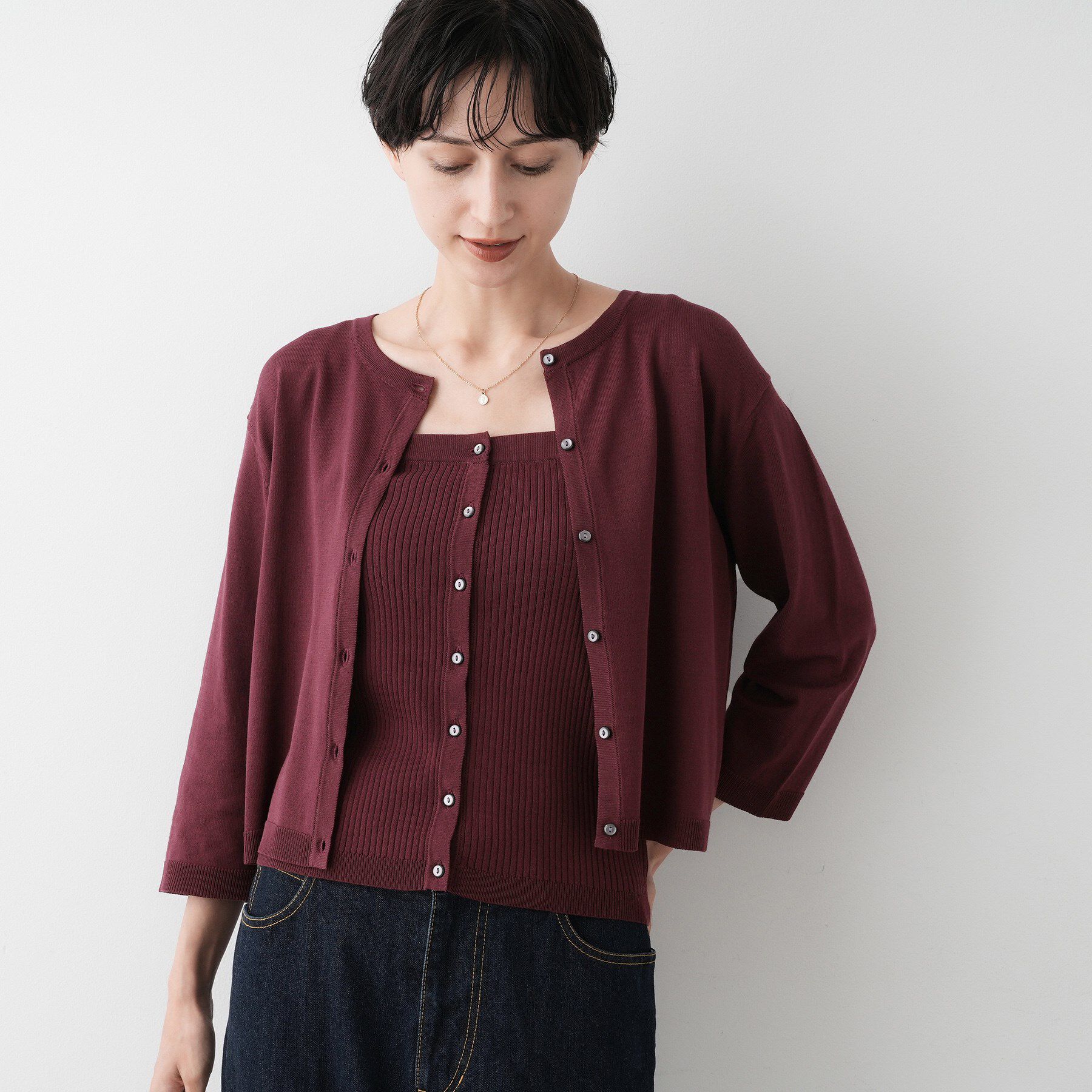 Dessin「【2点セット・洗える】2WAYカーディガン＆キャミソールアンサンブル」|その他|ボルドー(064)