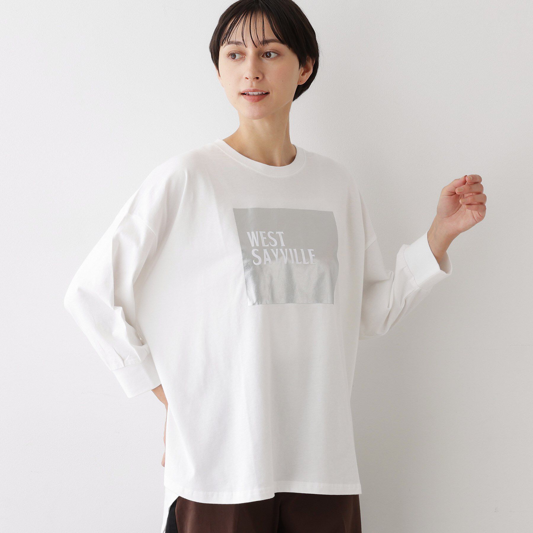 Dessin「【洗える】箔プリントロングTシャツ」|Tシャツ・カットソー|ホワイト(002)
