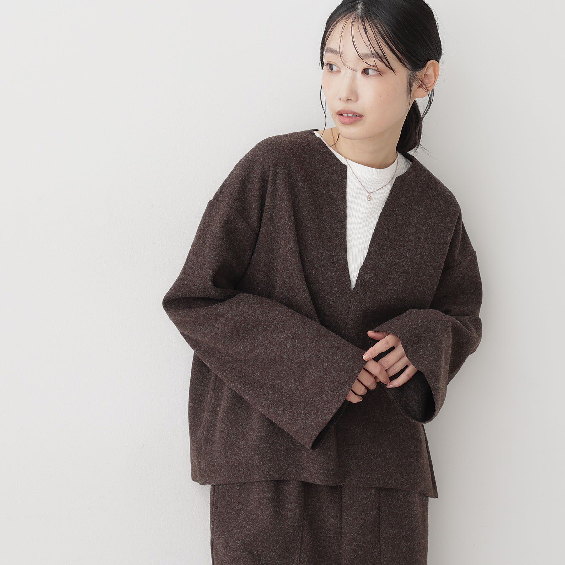 Dessin「【セットアップ可/洗える】Vネックメルトンジャージ」|シャツ・ブラウス|ブラウン(044)