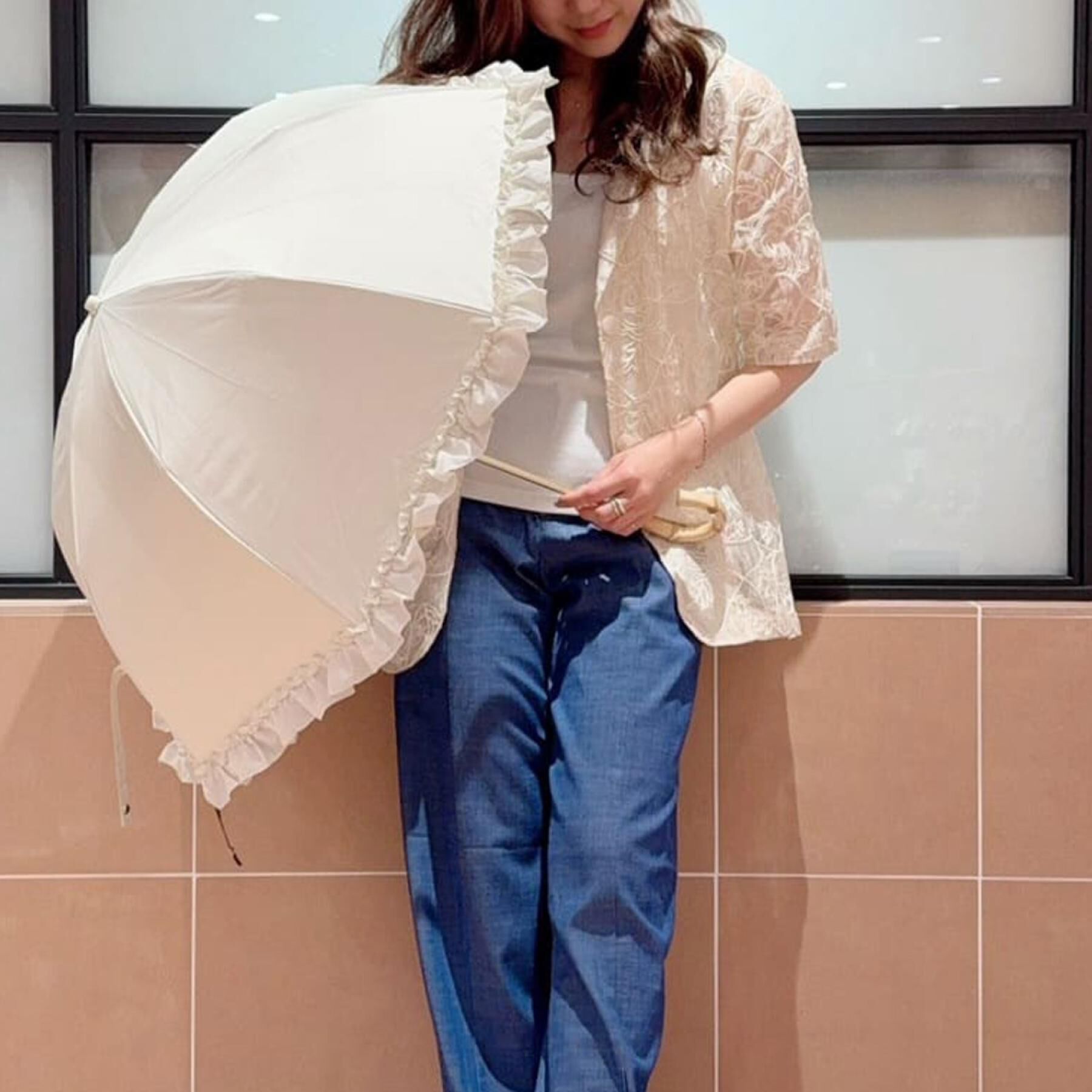 Ober Tashe「pink trick/ピンクトリック　遮光率100％！2段折傘フリル折りたたみ日傘（晴雨兼用）」|傘|