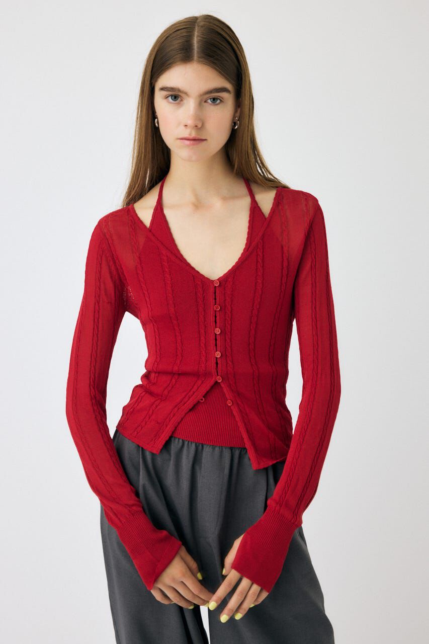 MOUSSY「SHEER CABLE カーディガン」|カーディガン|RED