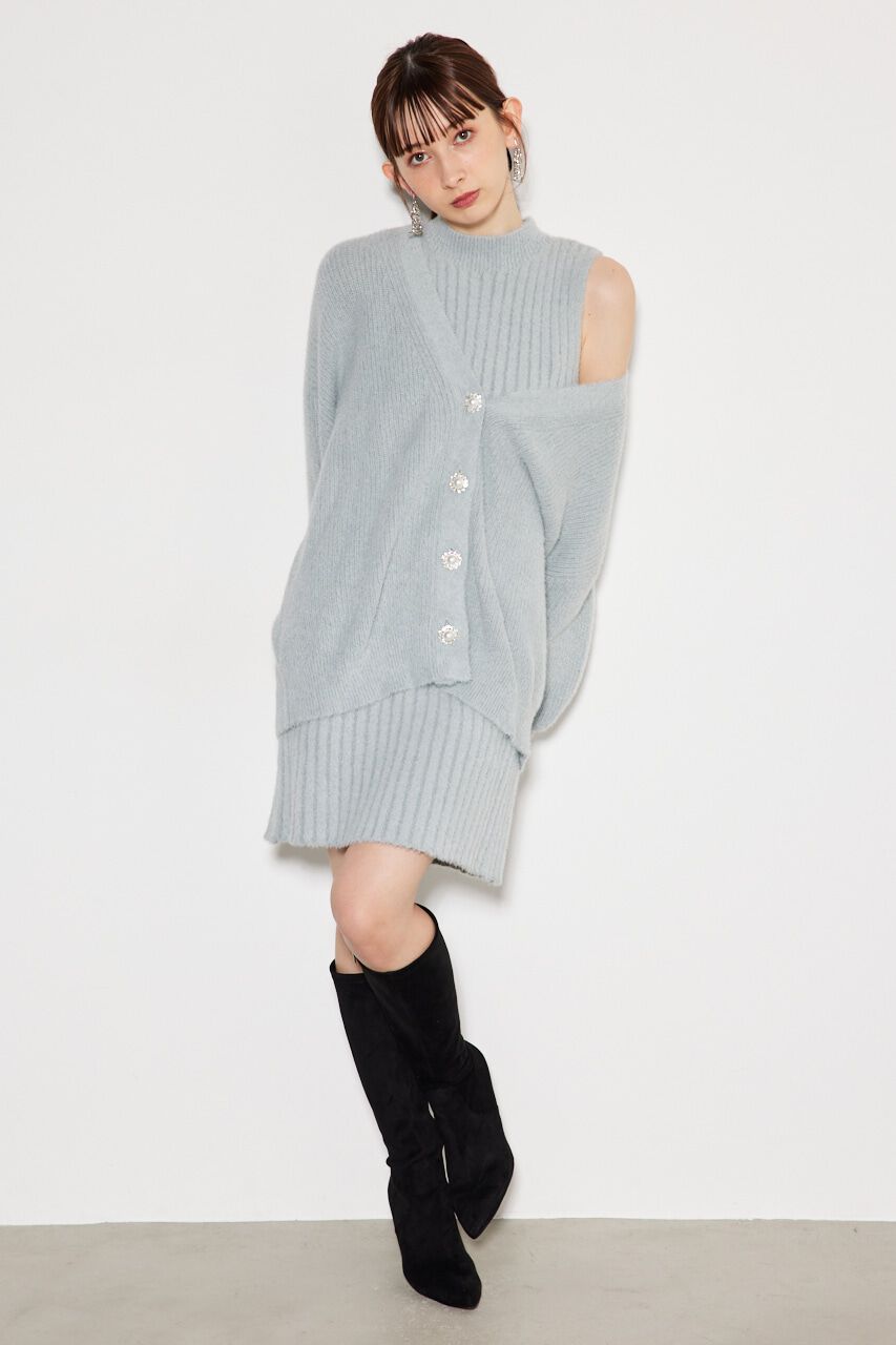 rienda「ビジュー釦カーデミニSET Knit OP」|ワンピース|GRY