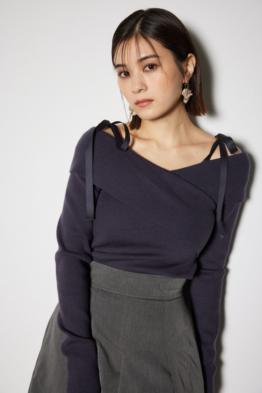rienda「2WAYショルダーリボンクロス ニット トップス」|ニット・セーター|D/BLU3