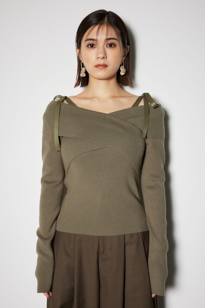 rienda「2WAYショルダーリボンクロス ニット トップス」|ニット・セーター|