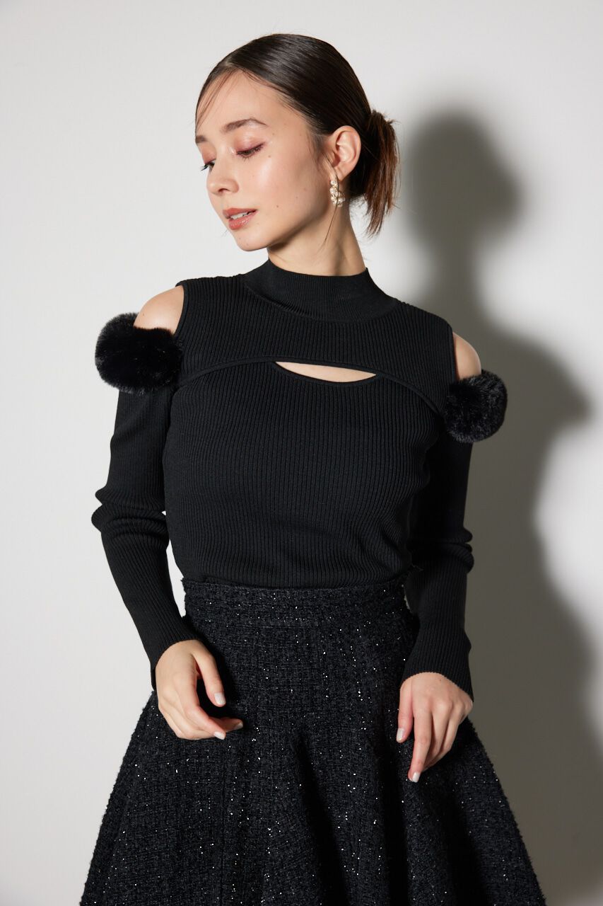 rienda「フェイクファーカッティングニットトップス」|ニット・セーター|BLK