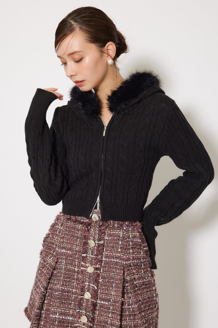 rienda「フードフェイクファーケーブルニットカーディガン」|カーディガン|