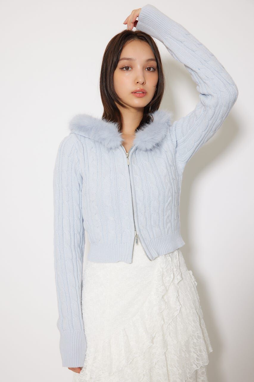 rienda「フードフェイクファーケーブルニットカーディガン」|カーディガン|L/BLU1