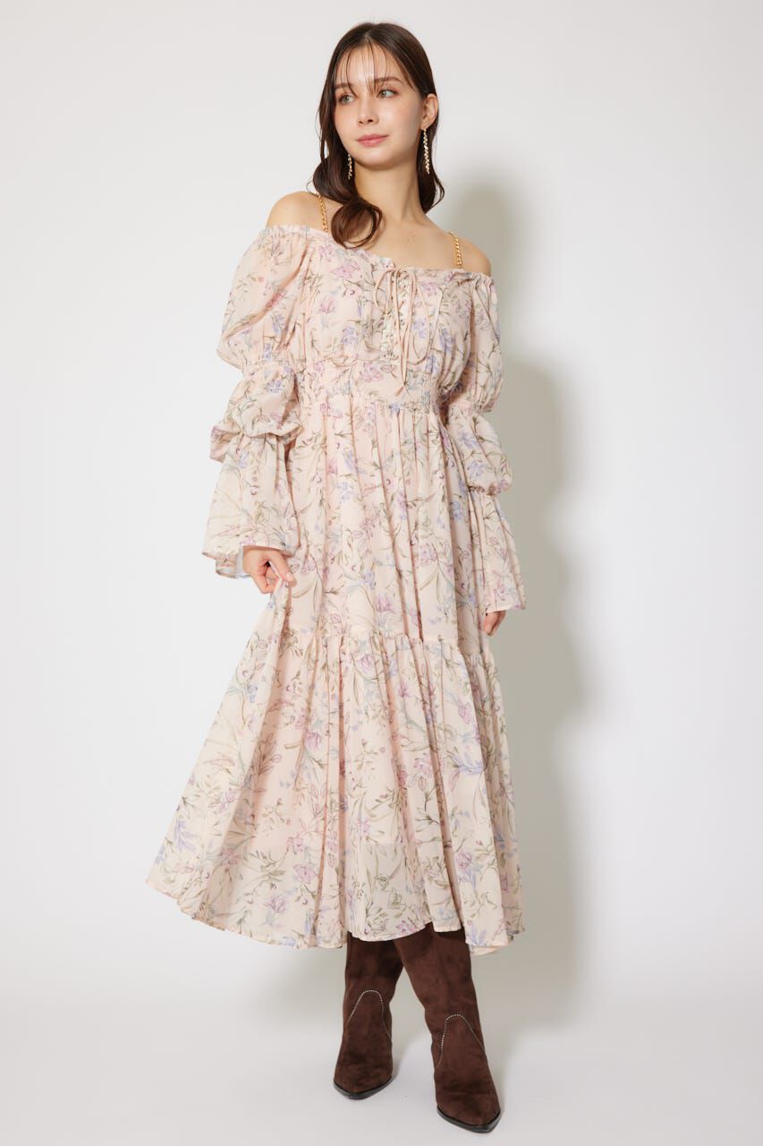 rienda「レースアップフラワーパターンフレアワンピース」|ワンピース|