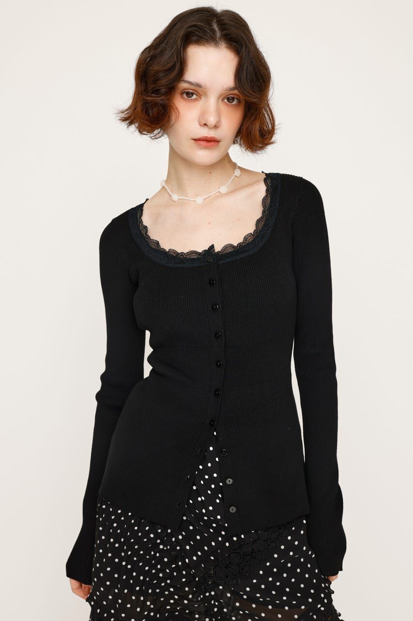 SLY「LACE DOCKING FRONT BUTTON トップス」|ニット・セーター|BLK