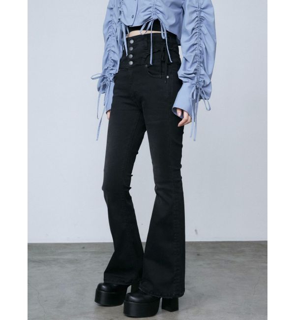 EMODA「リボンストリングフレアハイウエストパギンス」|デニム|