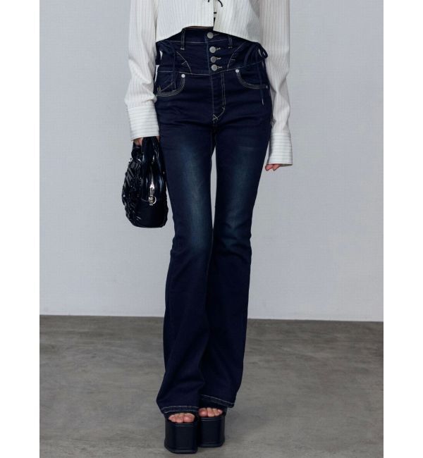 EMODA「リボンストリングフレアハイウエストパギンス」|デニム|