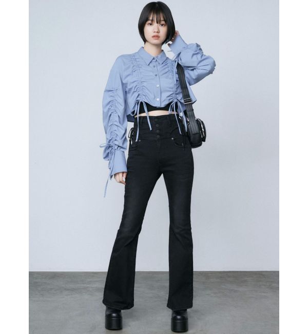 EMODA「リボンストリングフレアハイウエストパギンス」|デニム|