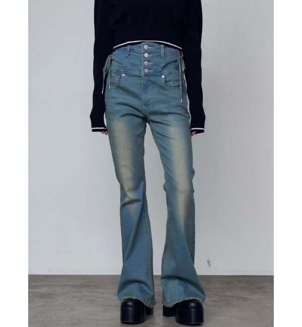 EMODA「リボンストリングフレアハイウエストパギンス」|デニム|