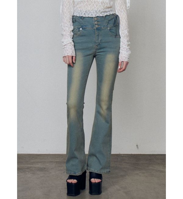 EMODA「リボンストリングフレアハイウエストパギンス」|デニム|アイスブルー