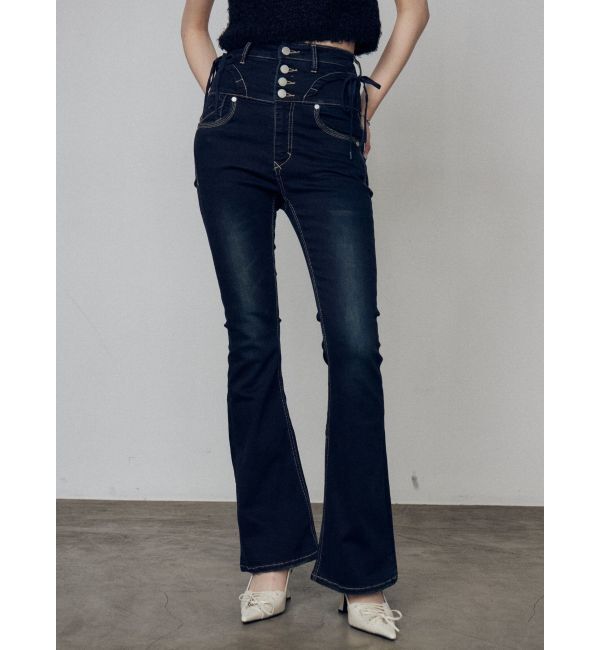 EMODA「リボンストリングフレアハイウエストパギンス」|デニム|インディゴ