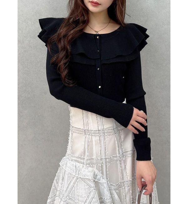 MERCURYDUO「編み変化ラッフルコンパクト」|ニット・セーター|ブラック