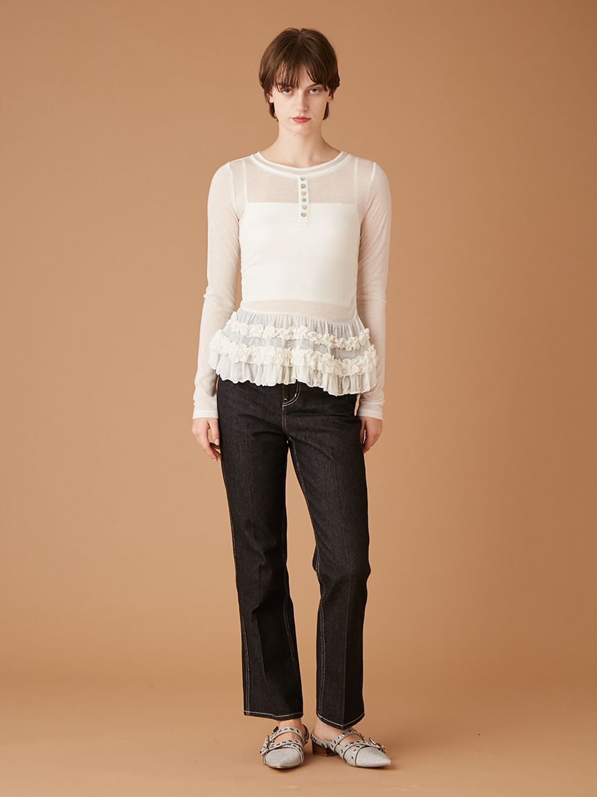 FURFUR「リボンステッチセミフレアデニムパンツ」|デニム|