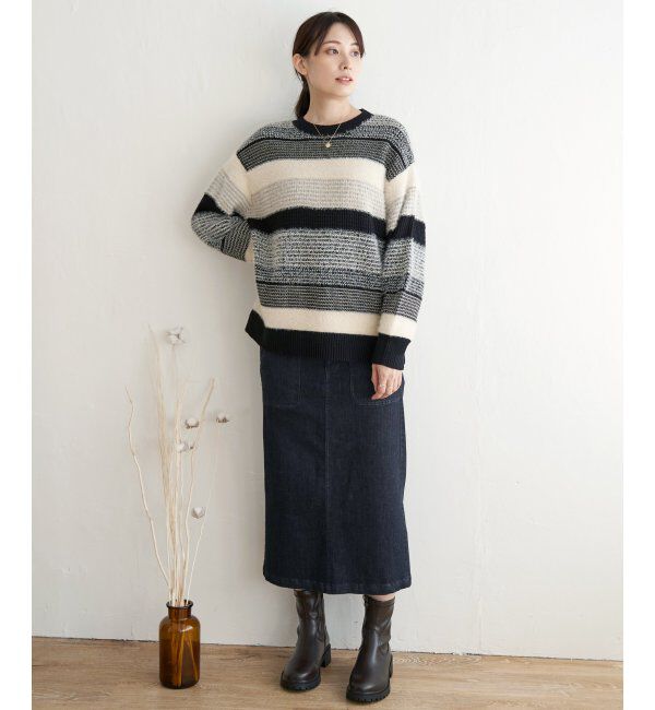 ikka「フェザー切り替えボーダーニットプルオーバー」|プルオーバー|