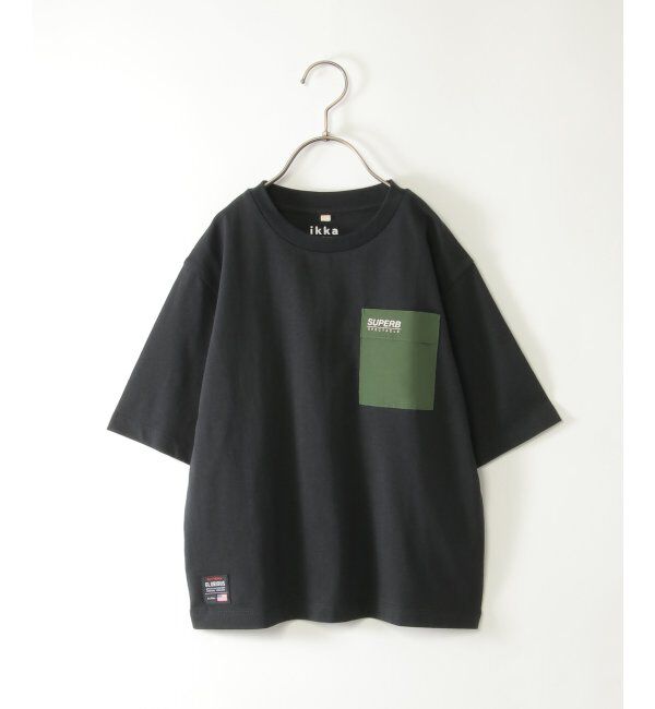 ikka kids「6分袖異素材ポケロゴTシャツ（120~160cm）」|Tシャツ・カットソー|ブラック