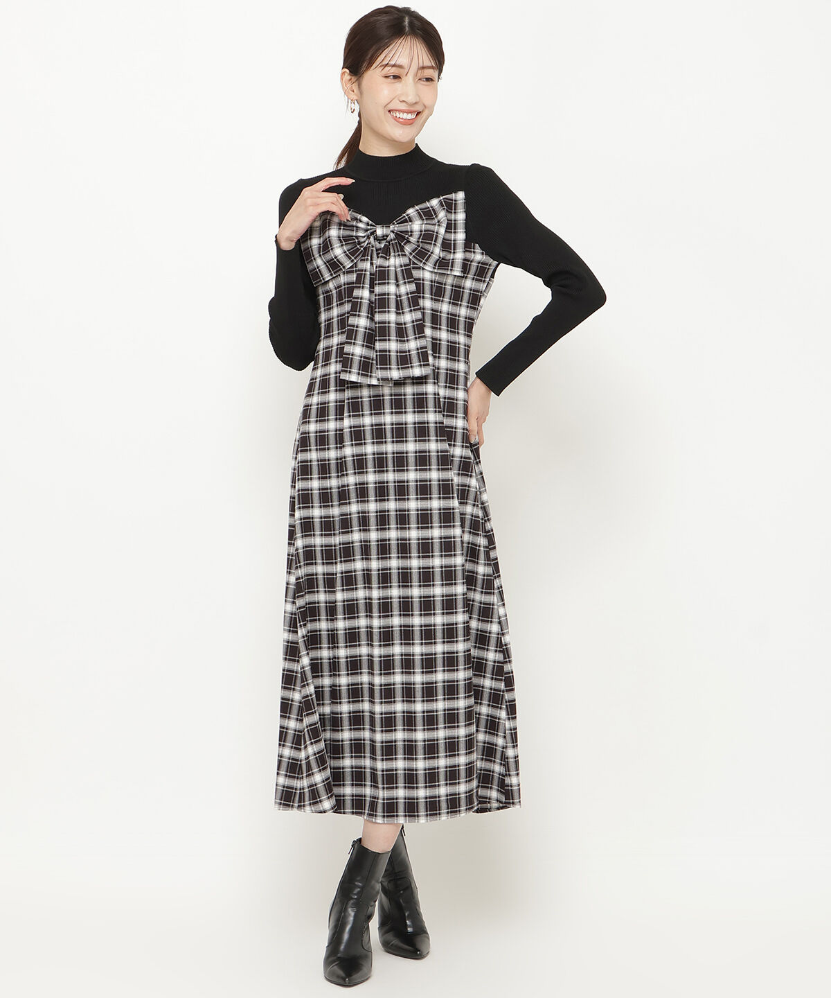アンドクチュール「チェックリボン切替ワンピース」|ワンピース|