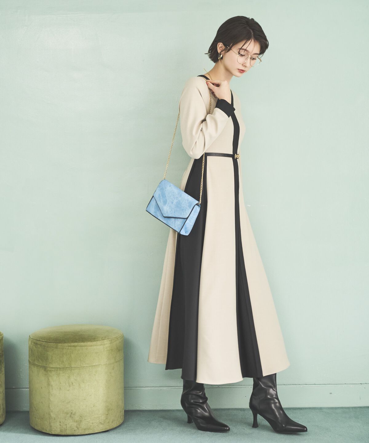 アンドクチュール「ベルト付き配色デザインワンピース」|ワンピース|