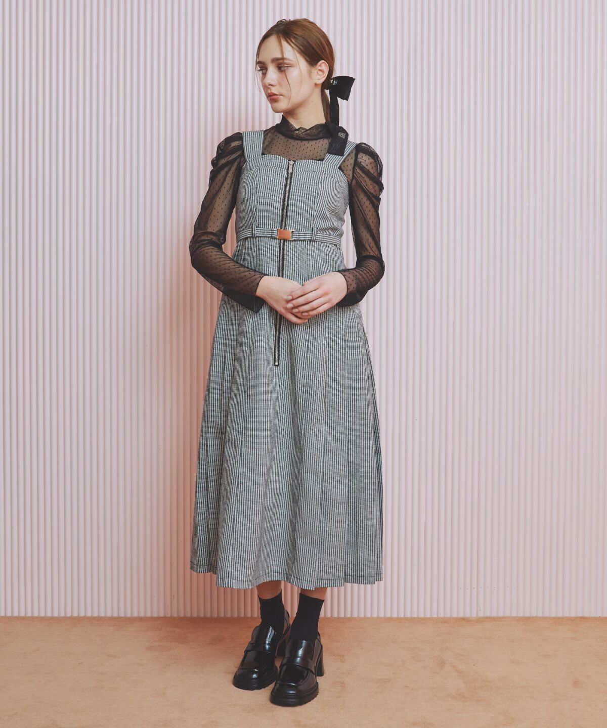 REDYAZEL「サイドプリーツジャンパースカート」|ジャンパースカート|black/borderｽﾄﾗｲﾌﾟ