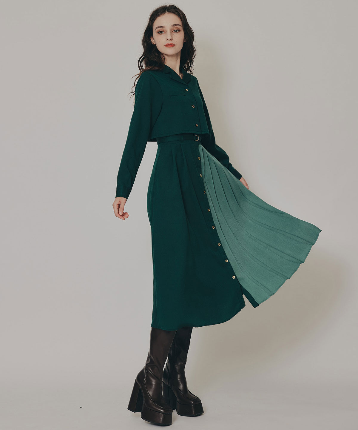 REDYAZEL「バイカラーアシメプリーツロングスリーブシャツワンピース」|ワンピース|