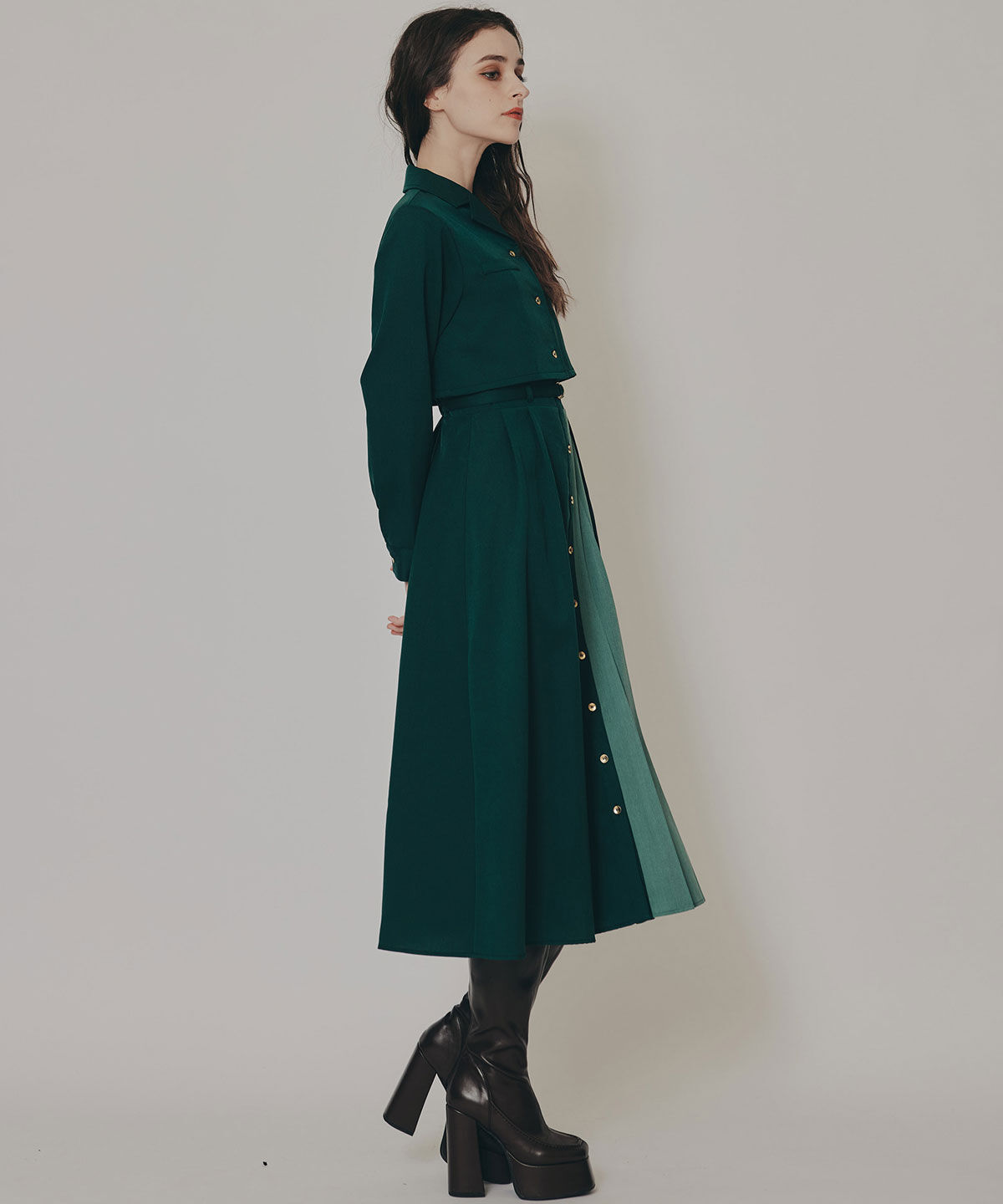 REDYAZEL「バイカラーアシメプリーツロングスリーブシャツワンピース」|ワンピース|