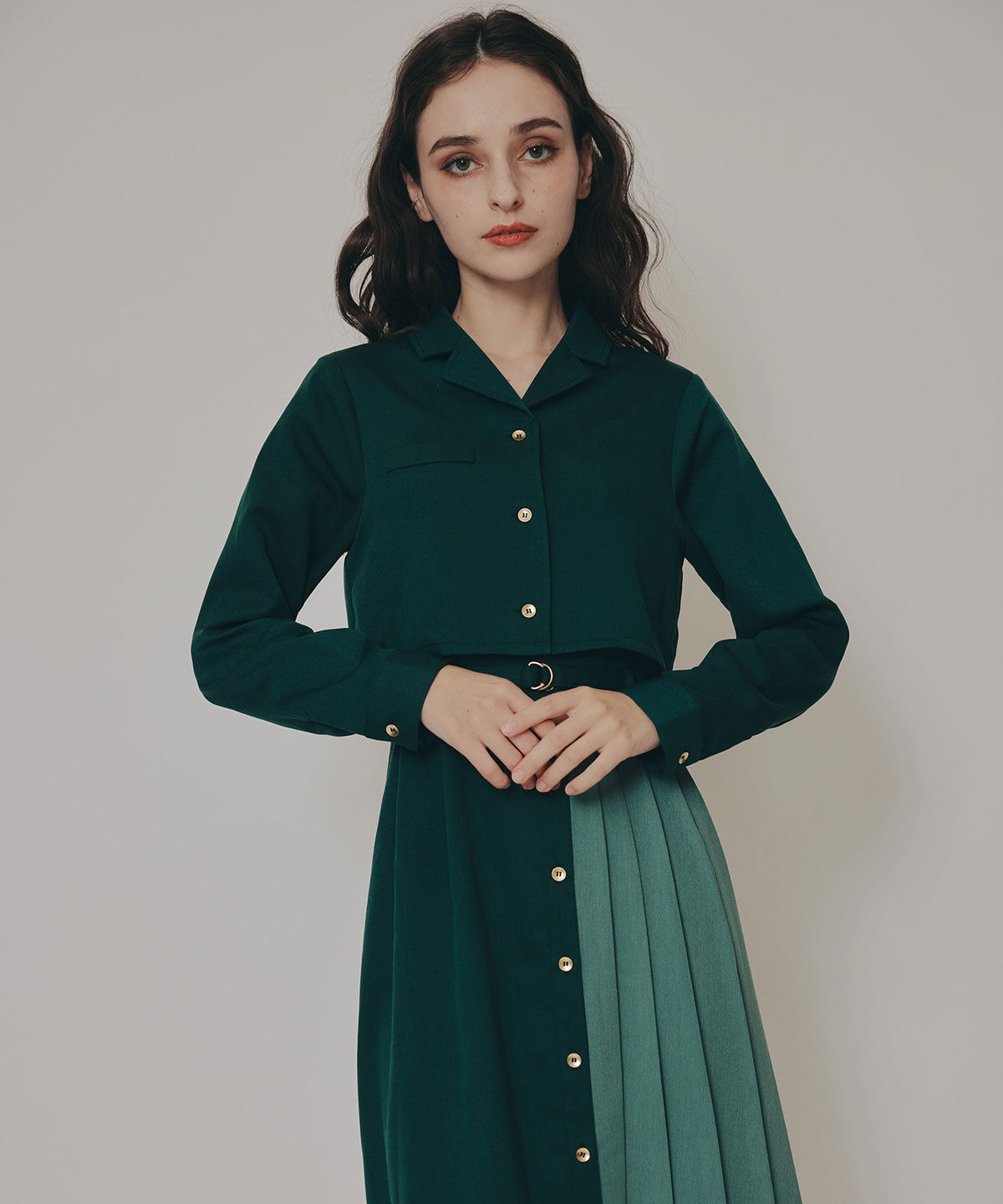 REDYAZEL「バイカラーアシメプリーツロングスリーブシャツワンピース」|ワンピース|