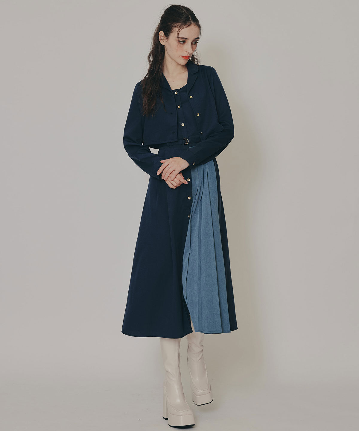 REDYAZEL「バイカラーアシメプリーツロングスリーブシャツワンピース」|ワンピース|