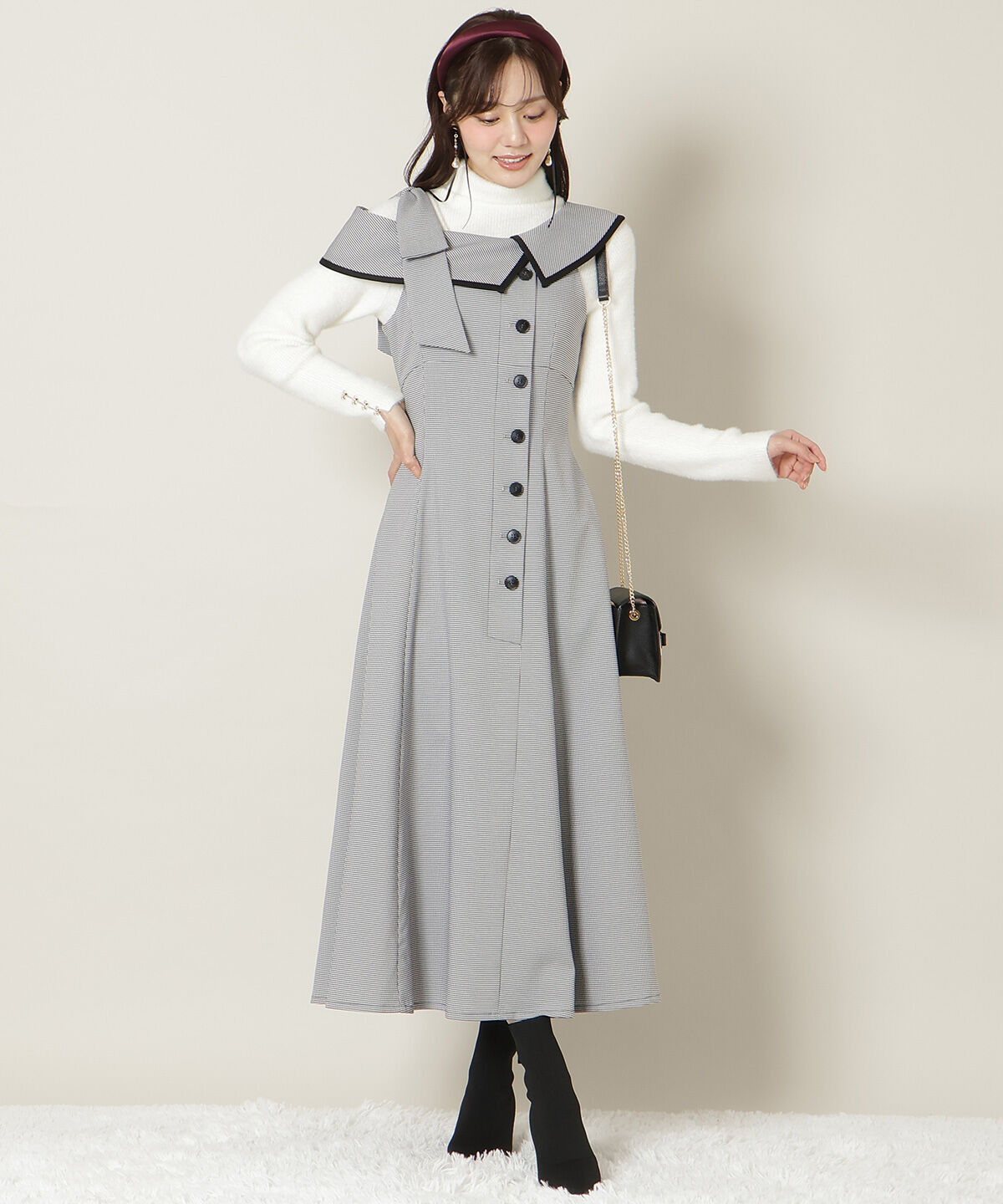 WILLSELECTION「アシンメトリーリボンショルダーワンピース」|ワンピース|黒系チェック