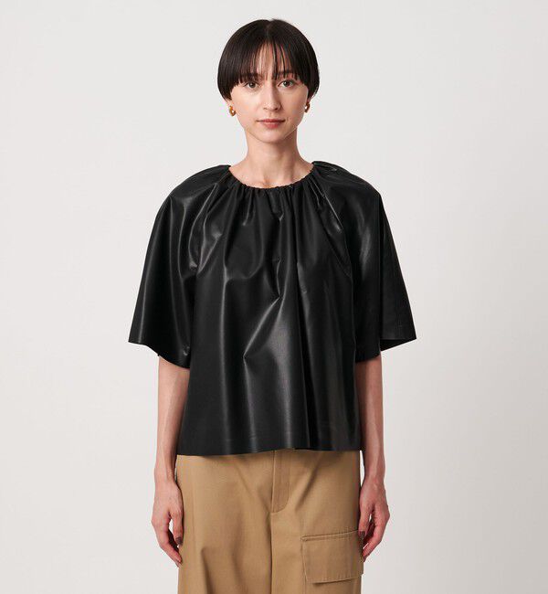 UNITED ARROWS「レザーライク ギャザー ブラウス ウォッシャブル」|シャツ・ブラウス|