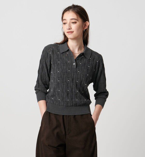 UNITED ARROWS「フェイクパール レース プルオーバー ニット ウォッシャブル」|ニット・セーター|DK.GRAY