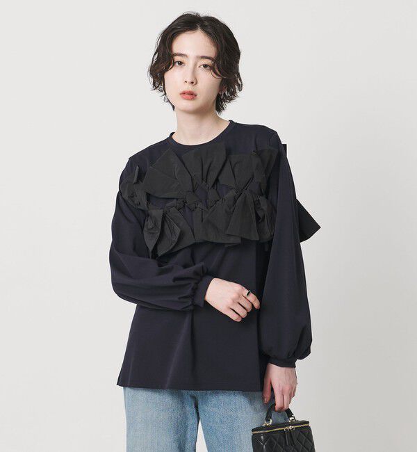 UNITED ARROWS「リボン コンビ パフスリーブ カットソー ‐ウォッシャブル‐」|Tシャツ・カットソー|