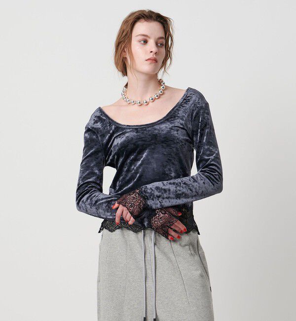 ASTRAET「＜ASTRAET＞ベロア/レース Uネックカットソー」|Tシャツ・カットソー|