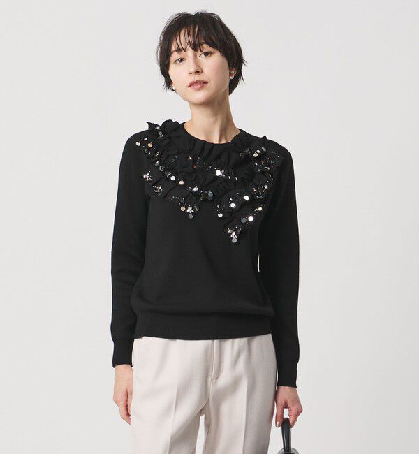 UNITED ARROWS「フリル ビジュー ニット」|ニット・セーター|BLACK