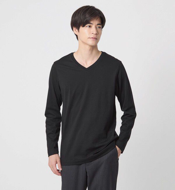 UNITED ARROWS green label relaxing「LONG FIBER COTTON クリア Vネック 長袖 Tシャツ」|Tシャツ・カットソー|BLACK