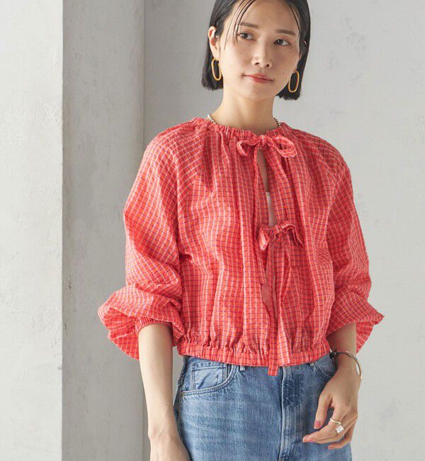 SHIPS for women「〈手洗い可能〉DEVEAUX サッカー チェック リボン ブラウス」|シャツ・ブラウス|オレンジ系