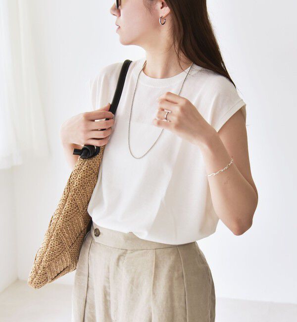 quaranciel「quaranciel:〈接触冷感〉フレンチスリーブ ベーシック シアー ニット プルオーバー」|ニット・セーター|