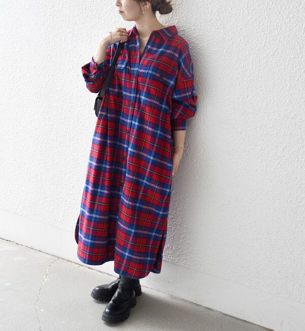 SHIPS any「SHIPS any:〈洗濯機可能〉タータン チェック ロング シャツ ワンピース」|ワンピース|レッド