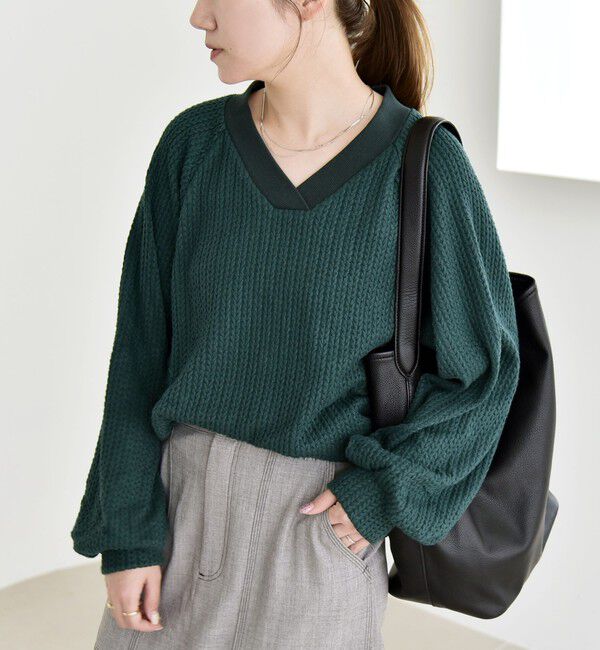 quaranciel「quaranciel:〈手洗い可能〉ケーブル ジャージー Vネック プルオーバー」|Tシャツ・カットソー|グリーン