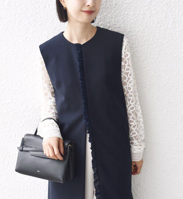 SHIPS for women「【SHIPS別注】kaene:〈洗濯機可能〉ダンボール フリル ロング ジレ（セレモニー対応可）」|ベスト・ジレ|ネイビー