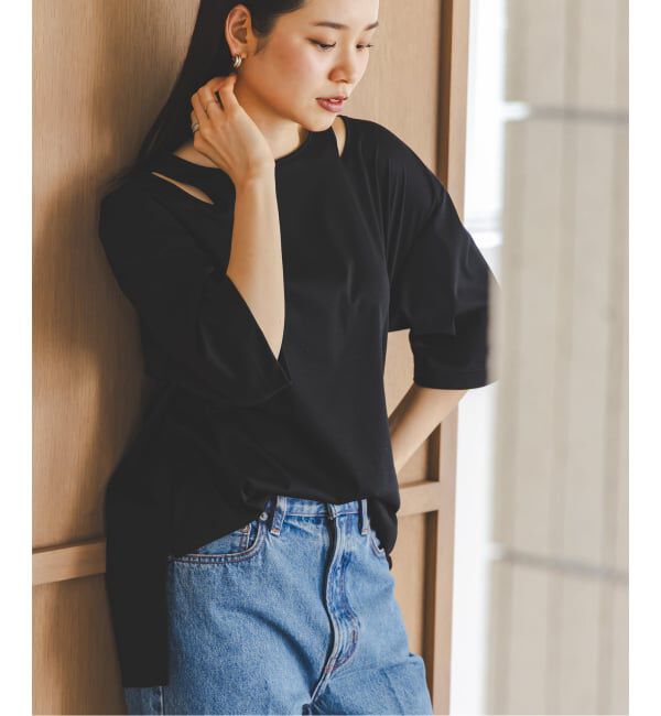 NOBLE「Room no.8/ルームエイト スムースコットンネックオープントップス」|Tシャツ・カットソー|ブラック