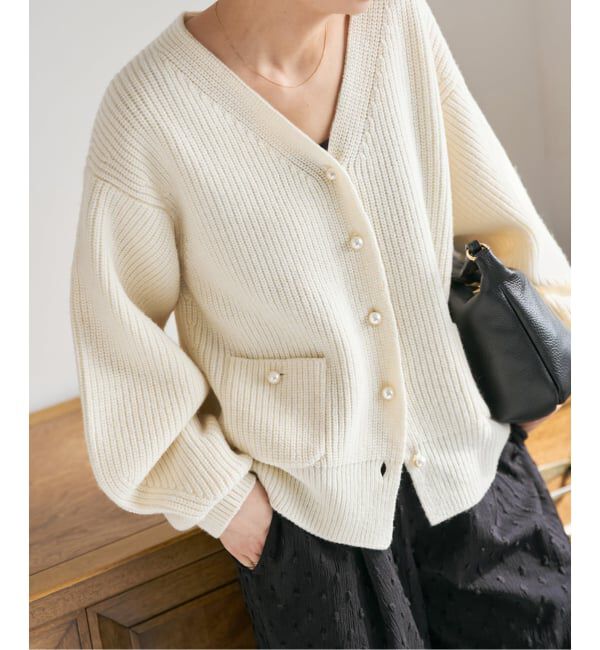 Spick and Span「《WEB限定》パール畦ニットカーディガン」|カーディガン|ホワイト